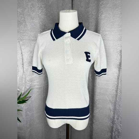 NWT Zara Women’s Combo Crochet Letter Polo Shirt in Cream & Navy Sz M - Picture 3 of 14